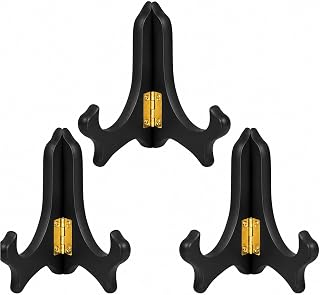 Black Folding Wood Easels for Display, Set of 3 Premium 4 Inch Tabletop Easel Stands, Small Wooden Plate Holders for Plaques, Books, Tiles, Photos, Signs & Decorative Displays, Compact Folding Display Stands