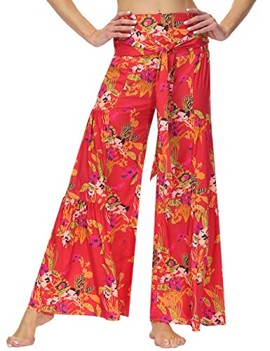 HESUUIO Damen Hosen Lang Bedrucken Freizeithosen mit Elastischen Bund Haremshose lang yogahose Baggy Weite Pumphose Rot, L Cover