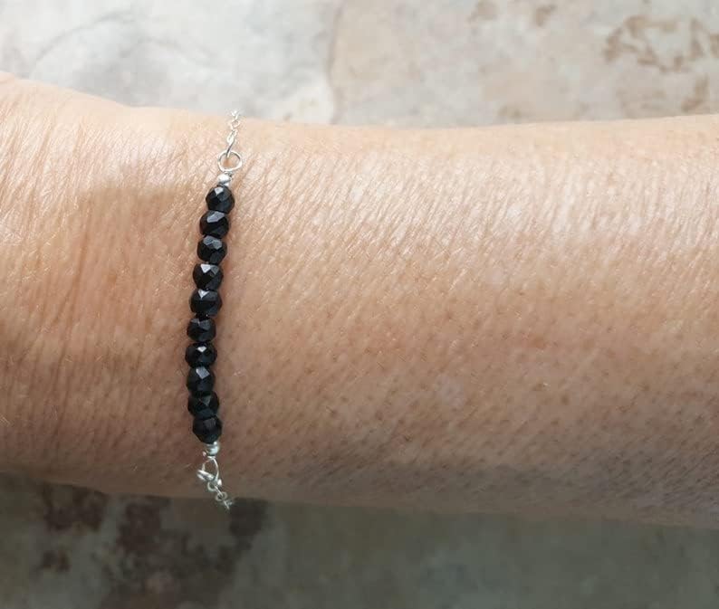 black spinel 3.5mm faceted round beads adjustable link clasp bracelet with silver plated clasp for men/women