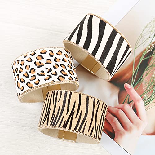 Riah Fashion Bohemian Animal Print Statement Bracelet - Boho Wrist Cuff Wrap Genuine Leather, Faux Leatherette Leopard Print Calf Hair, Magnetic Buckle Bangle (Wide Cuff Genuine Calf Hair - Zebra White) #TOP4