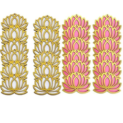 Image of Sanvatsar Home White Golden Lotus 4 Inch Set of 24 Wooden Cutout DIY Rangoli Kit | Decorations for Diwali, Dusshera Wedding Rangoli, Pooja, Decorations, Festival Gift (Pink12White12)