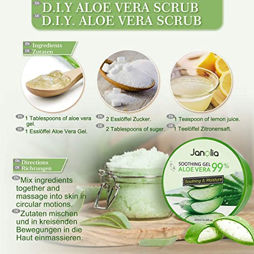 Janolia Aloe Vera Gel, 300 ml Gesicht Aloe Vera Creme, Natürlich Aloe Vera Extrakt, Beruhigend und feuchtigkeitsspendend, Sonnenschutz und Selbstbräuner, für Gesicht, Körper, Sonnenbrand