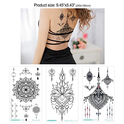Konsait 13 Sheets Temporary Tattoos For Girls Women Adult Festive Tattoo Fake Waterproof Temporary Tattoos Black Body Art Sticker Cover Up Back Arm Neck, Flower, Mehndi #TOP3
