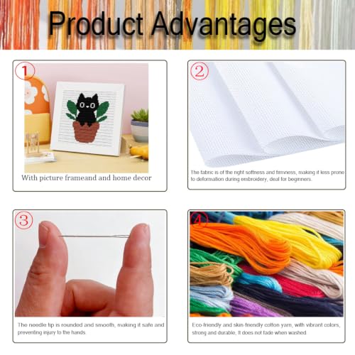 Image of Black Cat Plants Stamped Cross Stitch Kits for Adults Beginners with Frame | Partial 11CT Cross-Stitch,DIY Arts and Crafts for Adults,Embroidery Kit for Adults Beginners 7x7inch