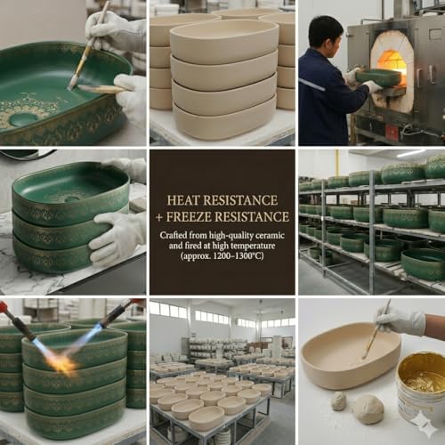 Image of BASSINO 21x14x6 Inches Designer Moroccan Ceramic Table Top Wash Basin /Green Matte & Gold Floral Art Sink for Bathroom /Handcrafted Rectangular Countertop Washbasin for Office /Hotel(Matt)