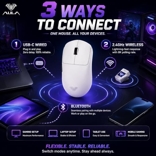 Image of AULA SC800 Tri-Mode(2.4GHz /BT /Wired) Ultra-Lightweight Gaming Mouse | 37grams, Adjustable 26000 DPI, PAW3395 Sensor, 8000 Polling Rate, Ultra-Precise & Durable for Gaming & Office Use | White (SC800W)