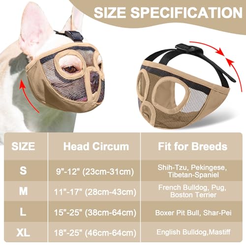 Image of Short Snout Dog Muzzles- Adjustable Breathable Mesh Bulldog Muzzle for Biting Chewing Licking Training Grooming Dog Mask (Khaki, X-Large / 18 inch-25 inch)