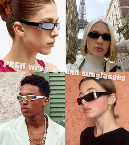 Y2K Wrap Around Sunglasses for Women Men Small Narrow Frame Rectangle Sunglasses 90s Small Face Futuristic Sports Shades3