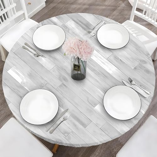 BOOWEATS Wood Grain 42 Inch Round Fitted Cloth Tablecloth with Elastic Edged, Waterproof Oil Proof Wipeable Table Cover for Indoor Outdoor Patio Table, Fits Round Tables Up to 40" - 44" Diameter by BOOWEATS - Used condition - US$14.73