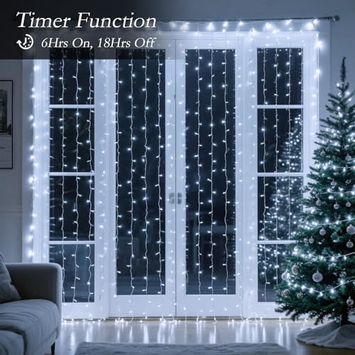 Soagrc 300 LED Curtain String Lights, 9.8ft Warm White Fairy Lights, 8 Modes, Dimmable, IP44 Waterproof, Easy Setup for Bedroom, Wedding, Patio, Party Decor - Image 9