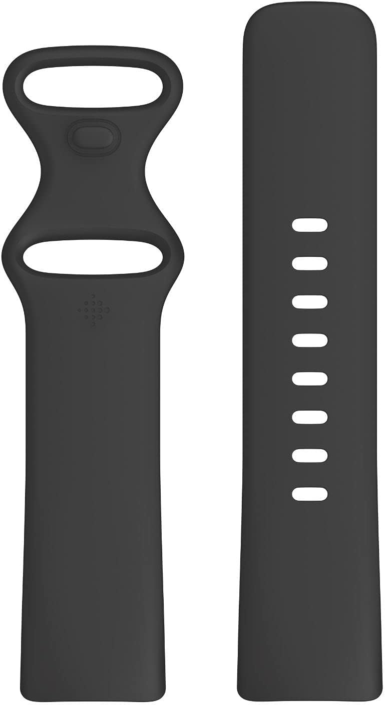 Two separate pieces of the black Fitbit Infinity band laid flat, showing the attachment mechanism.