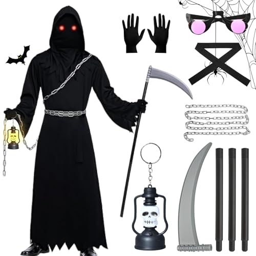 UCAMP Disfraces Segadora de Halloween para niño adulto, Disfraz de Fantasma, Disfraz de muerte tenebrosa con guadaña, para carnaval de fiesta temática