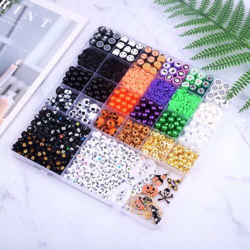 BBita 2088pcs Halloween Polymer Clay Beads Bracelet Making kit, 24 Style Cute Fun Beads Skull Pumpkin Beads Charms for Jewelry Necklace Earring Making DIY Accessories for Women Girls - image 3
