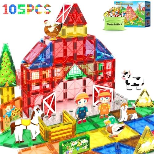 Magnetic Tiles with Farm Animals, Magnetic Blocks Building Toys f...
