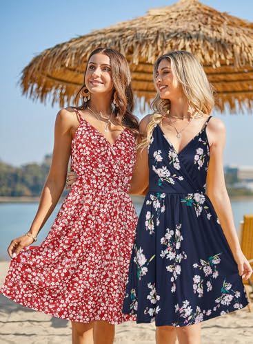 Image of STYLEWORD Womens Sundress Summer Floral Wrap V Neck Backless A-Line Casual Beach Midi Dress