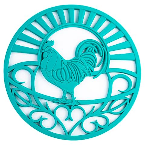 Silicone Trivet for Hot Dishes, Pots & Pans - Decorative Non Slip Mat 'Country Rooster' Design - Protective Pads for Kitchen Counter Love This Kitchen (7.5 inch Round, Set of 3, Teal) Cover