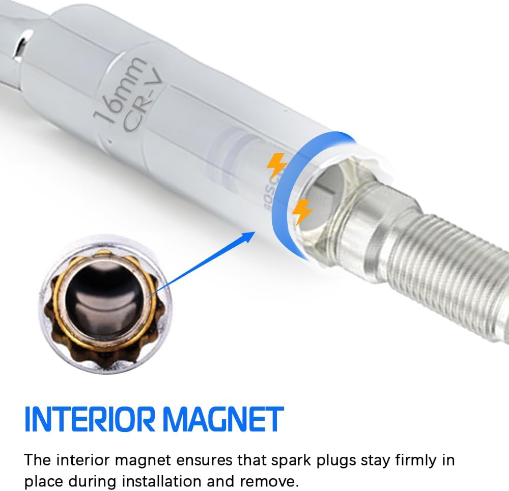 A ABIGAIL 16mm Thin Wall Swivel Magnetic Spark Plug Socket 3/8 Inch Drive x12 inch Total Length 12-Point 5/8 Inch Spark Plug Socket Removal Tool Compatible with Motorcycle, Car, SUV, BMW