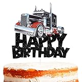Truck Car Cake Topper Pick for Transportation Vehicle Theme Decor Supplies Baby Shower Boy Girl Happy Birthday Party Decorations Black Glitter