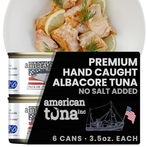 American Tuna Sushi-grade Pole Caught Wild Albacore Tuna Fish - No Salt Added | (6) 3.5 oz Cans | Sustainably Harvested, Dolphin Safe, Ocean Caught, and Produced in the USA!