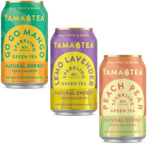 Sparkling Green Tea Variety Pack by Tama Tea - Made with Real Fruit & Herbs - Zero Sugar, Zero Calories, Non-GMO - Naturally Energizing Green Tea High in Antioxidants & Nootropics - Pack of 12