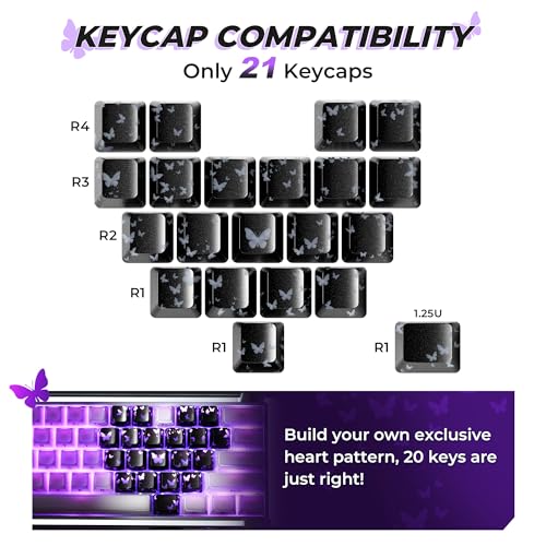 Image of HITIME XVX Black Butterfly Shine Through Keycaps, Love Theme Cute Custom Keycaps, Blank OEM Profile IMD Translucent Keycap, Anime Style, for MX Switches Mechanical Keyboard, Silver(Only 21 Keys