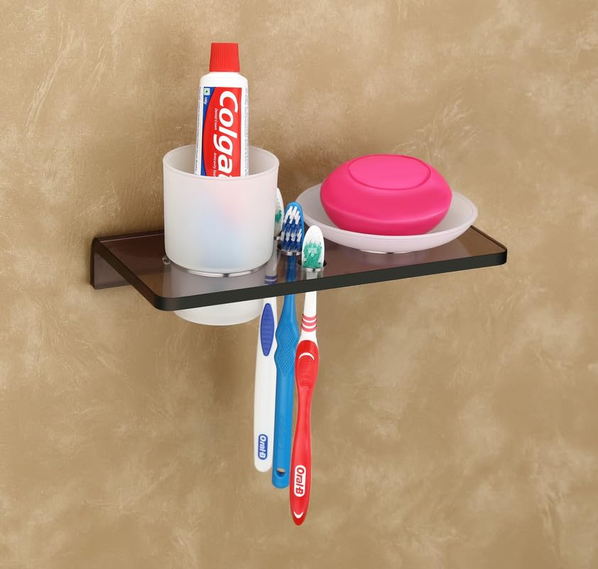 Image of HAPPI Unbreakable Acrylic Soap Dish with Glass Tumbler, Soap Stand, Soap Case, Soap Holder Stand Wall Mounted for Bathroom with Removable Drain Tray (Smoke Black)