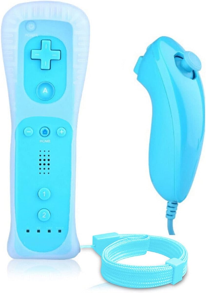 Lyyes Wii Remote Controller with Nunchuck, Silicon Case and Strap for Wii U (Blue)