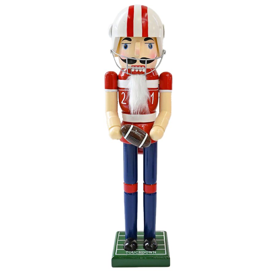 WVIOUOPU Football Player Nutcracker Christmas Decorations - 14 Inch Handmade Wooden Rugby Player Figures with Helmet Rugby for Mantle Shelf Tabletop