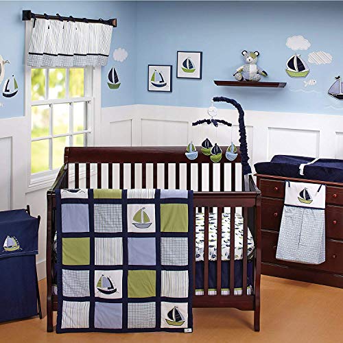 Image of Nautica Kids Zachary 7-Piece Patchwork Sailboats Nursery Crib Bedding Set, Navy/Sage/Light Blue/White