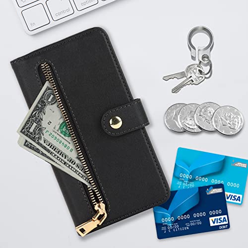 iCoverCase for iPhone 12/12 Pro Wallet Case with Card Holder, Adjustable Crossbody Lanyard PU Leather Kickstand Card Slots Zipper [Not Detachable] Flip Cover Case 6.1 Inch (Black) by iCoverCase - Image 5