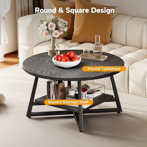 Coffee Table for Living Room, Round Coffee Table, Small Circle Coffee Table with Storage, Modern Wood Round Center Table for Home Office, Small Space, Easy Assembly, Black by Homeiju - Image 4