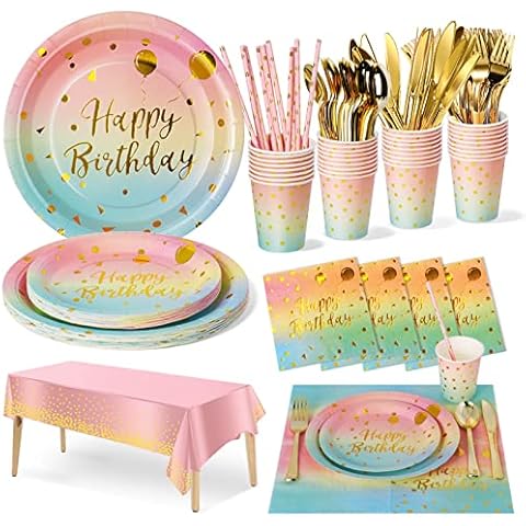 Nkaiso Partygeschirr Kindergeburtstag,20 Gäste Regenbogen Partygeschirr Set Party Set mit Pastell Becher Servietten Tischdecke Pappteller Geburtstag Mädchen Geburtstagsdeko Cover