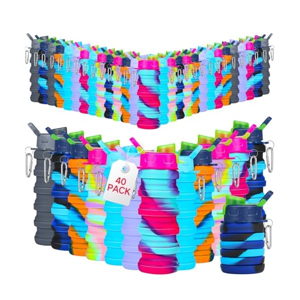 Sunnyray 40 Pack Collapsible Water Bottles 17oz Silicone Foldable Water Bottle Bulk Portable Leak Proof Reusable Camouflage Sports Bottles with Clip for Travel Hiking Camping Outdoor