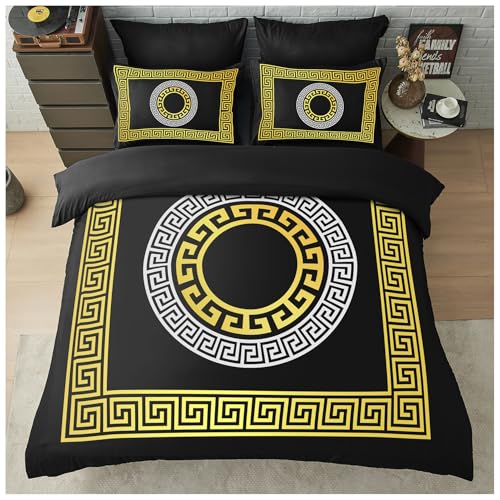 GC GAVENO CAVAILIA Greek King Size Duvet Cover Sets - Microfibre Geometric Bedding Sets with Pillowcases - Durable & Easy Care Quilt Covers - Soft Duvet Comforter Cover, Black/Gold