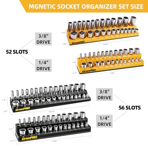 Image of Socket Organizer, Magnetic Socket Holder Set, 4 Piece SAE & Metric Socket Trays Includes 1 /4 inch, 3 /8 inch Drive Holds 108 Sockets