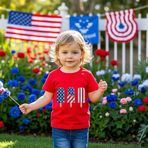 Image of Toddler Boys Girls 4th of July Short Sleeve Shirt - Kids Patriotic American Flag Memorial Day USA Tops 2-7T