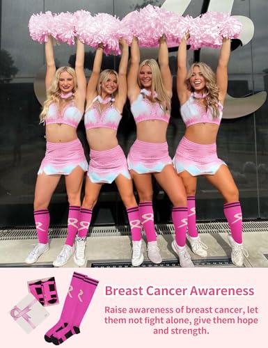 2 Pairs Breast Cancer Awareness Socks,Pink Ribbon Knee High Compression Socks for Softball Soccer Football Baseball3