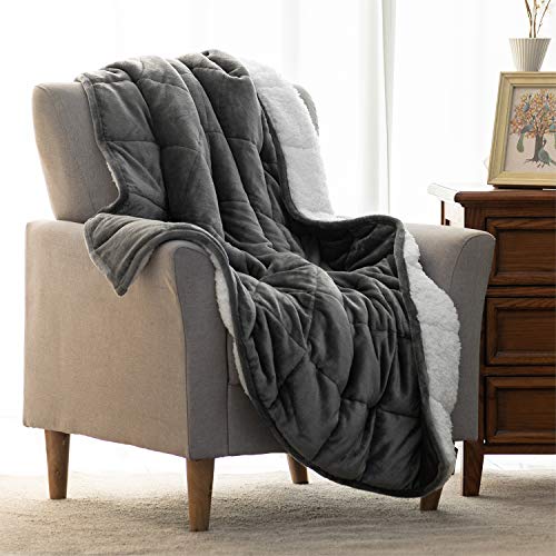 Uttermara Weighted Blanket Queen Size 15lbs 60x80 inches, Soft Plush Fleece, Cozy Warm White Sherpa Snuggle Thick Heavy Blanket Great for Sleep and Calming, Grey