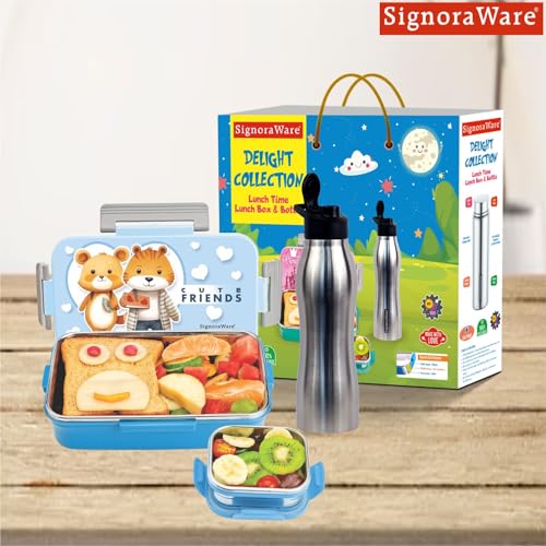 Image of Signoraware Delight C Nugget Stainless Steel Printed Lunch Box Set for Kids | Airtight Lid With Clip Lock | Compact & Sleek Size | Great for Picnic & Outdoors (700ml + 130ml + 750ml Bottle | SkyBlue)