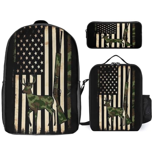 Fashion Collapsible Hunting Deer Camo Camouflage American Flag Black Backpack for Men Women, Lunch Bag Easy to Clean, Pencil Pouch for College