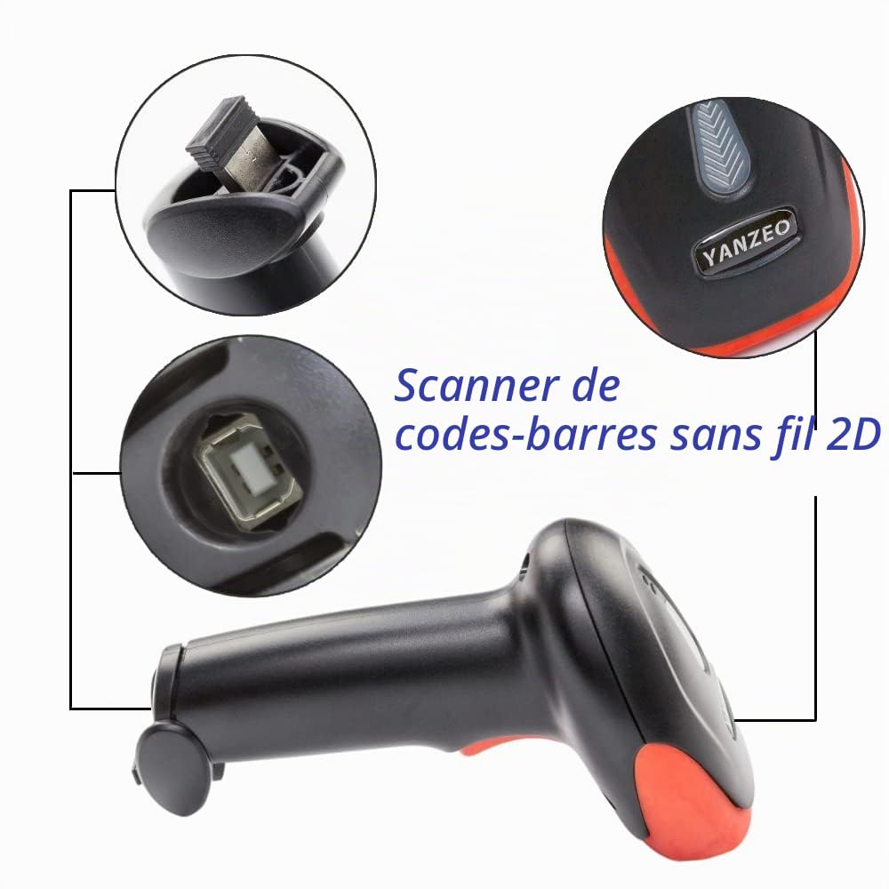 Yanzeo Scanner de codes-barres portable USB sans fil 2.4G Scanner de codes-barres 1D 2D QR Code Pos Laser Lecteur de codes-barres