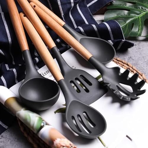 Utensílios para Cozinha Silicone, Kit com 19 Peças, Antiaderente, Organização para Cozinha (Preto)
