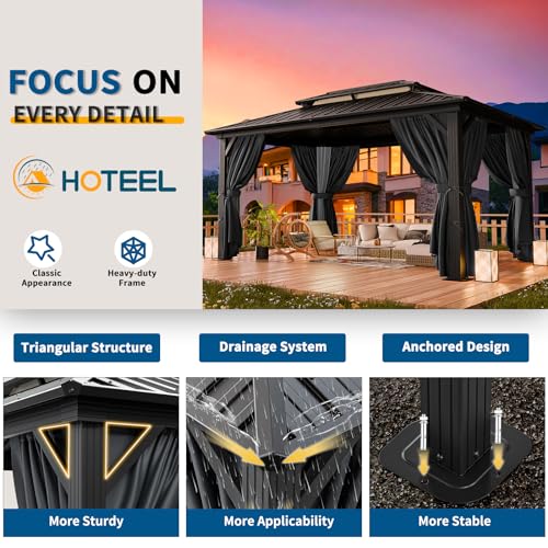 Image of HOTEEL 10x12 Hardtop Gazebo on Clearance with Heavy Duty Galvanized Steel Metal roof, Aluminum Frame,Patio Hard top Gazebos with Curtains and Netting, Outdoor Permanent Pavillon for Backyard,Black