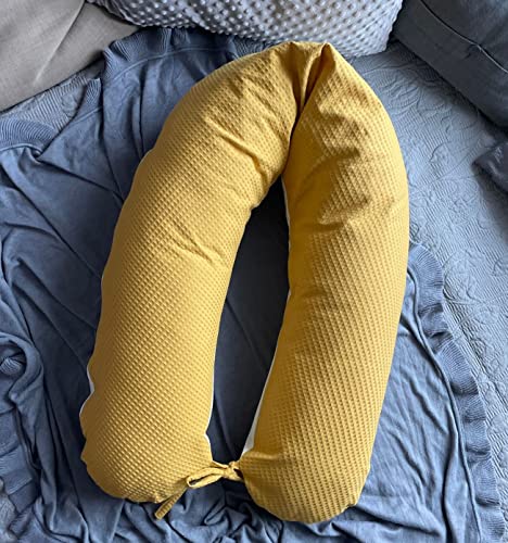 LOOLAY Schwangerschaftskissen - Stillkissen 170 cm - Seitenschläferkissen 100% Baumwolle - mit Abnehmbarem Bezug - Ergonomisches Schwanger Kissen für Schlafen (Waffel Senfgelb/Ecru)