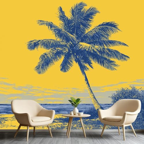Fresque murale palmiers pour chambre et salon jaune gingembre