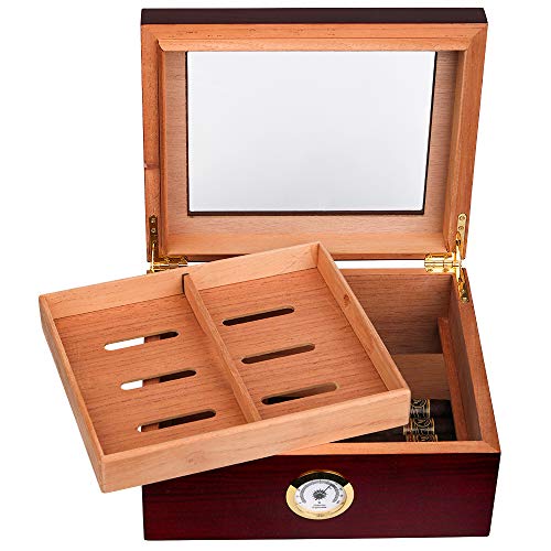 Mantello Glass Top Handcrafted Cigar Humidor - Holds (25-50 Cigars) - Spanish Cedar Cigar Box with Humidifier, Hygrometer and Adjustable Cigar Tray