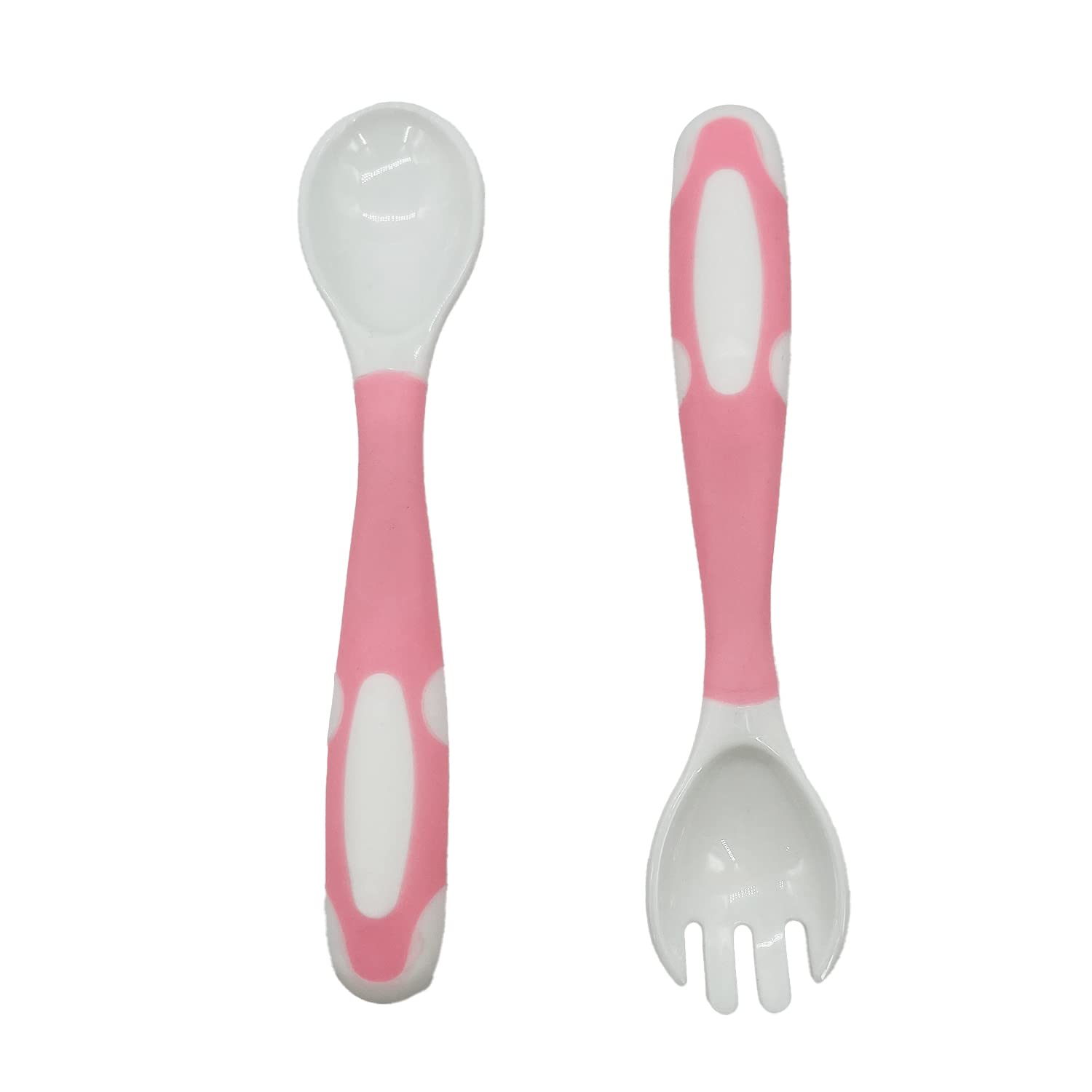 SYGA 2PCS Infant Baby Fork and Spoon Set Baby Feeding Learning Temperature Sensing Kid Utensils Toddler Anti-Choke Self Feeding Accessories (Bendable Spoon Pink Set)