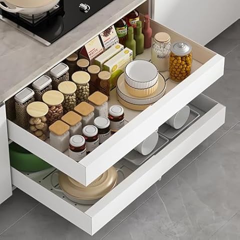 Yagizaai Pull Out Cabinet Organizer (16.5'' D), Expandable Metal Slide Out Pantry Shelves Fixed with 3 Adhesive Nano Films, Sliding Closet Organizer and Storage, Roll Out Shelf Storage Cover