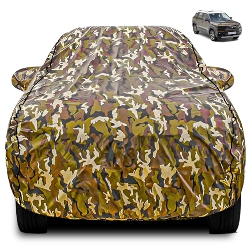 Image of FABTEC Car Body Cover for Maruti Brezza New Jungle Print with Soft Cotton Lining Waterproof Car Cover UV & Rain Protection with Mirror Pocket Bottom Elastic (Military /Camouflage Pattern)