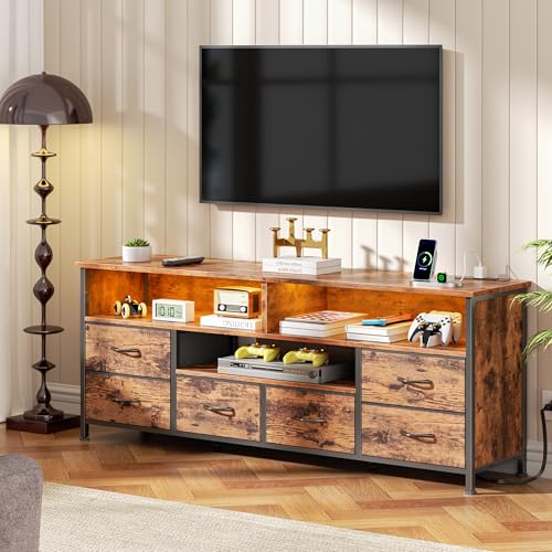 Image of Furologee LED TV Stand for Bedroom, 55 Inch Entertainment Center with Power Outlets and LED Lights for 55 60 inch TVs, Console Media Table with 6 Fabric Drawers, for Living Room, Rustic Brown